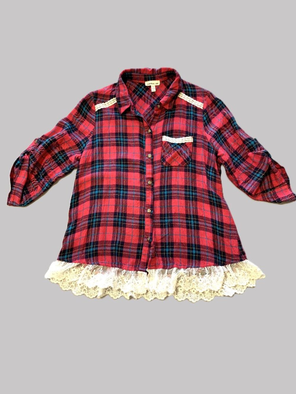 Girls Long Sleeve Plaid Shirt Button Down Rolled-Tab Sleeves Lace Size 12